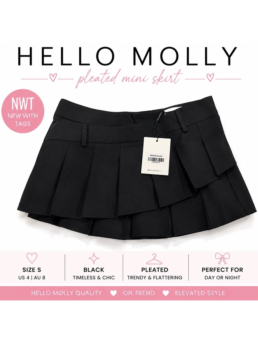 NWT Hello Molly Black Pleated Mini Skirt Size S US 4